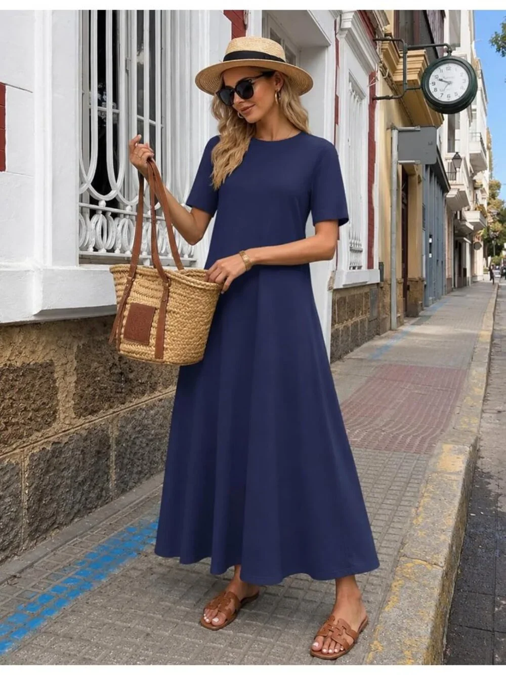 Women's Navy Summer Casual Maxi Dress Vacation Crew Neck Short Sleeve Dress - Picture 3 of 6